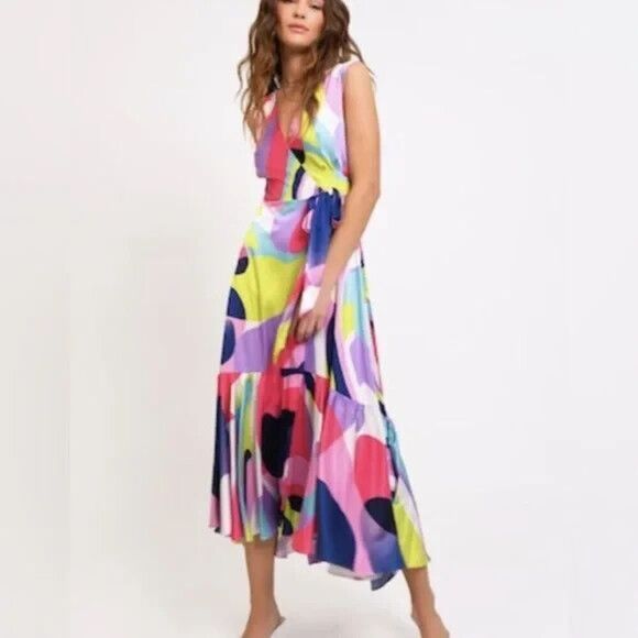 NWT Hutch Drea Wrap Midi Dress L Ruffled Multicolor Tiered Rainbow Art Boho - Picture 1 of 15